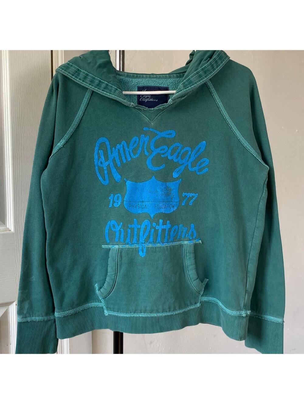 American Eagle Outfitters Distressed Graphic Hoodie Medium Teal Y2K Pullover